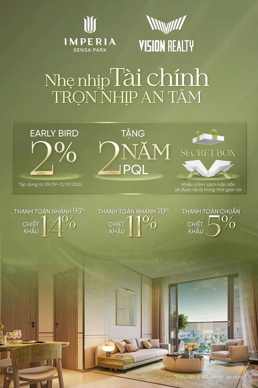 Ưu đãi Imperia Sensa Park: Early Bird 2%, tặng 2 năm phí quản lý, chiết khấu 14%, 11%, 5%