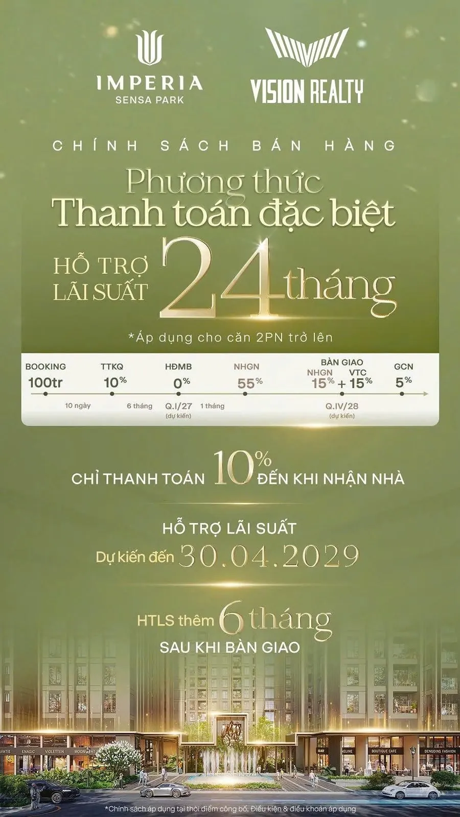 Phương thức thanh toán đặc biệt: hỗ trợ lãi suất 24 tháng, chỉ thanh toán 10% đến khi nhận nhà